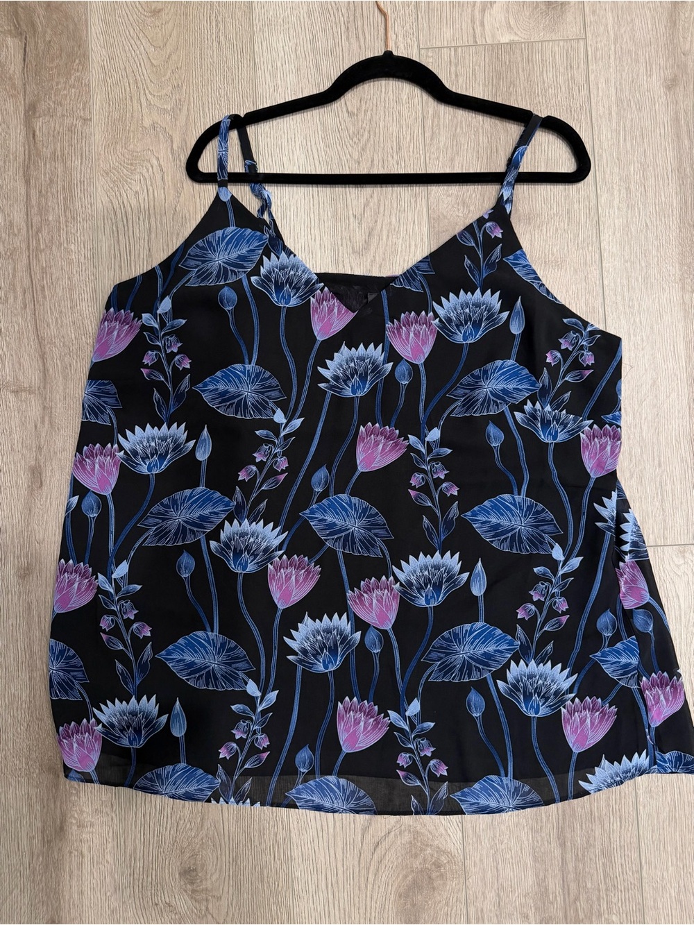 City Chic Floral V-Neck Spaghetti Strap Tank Top - Black with Blue & Pink Floral